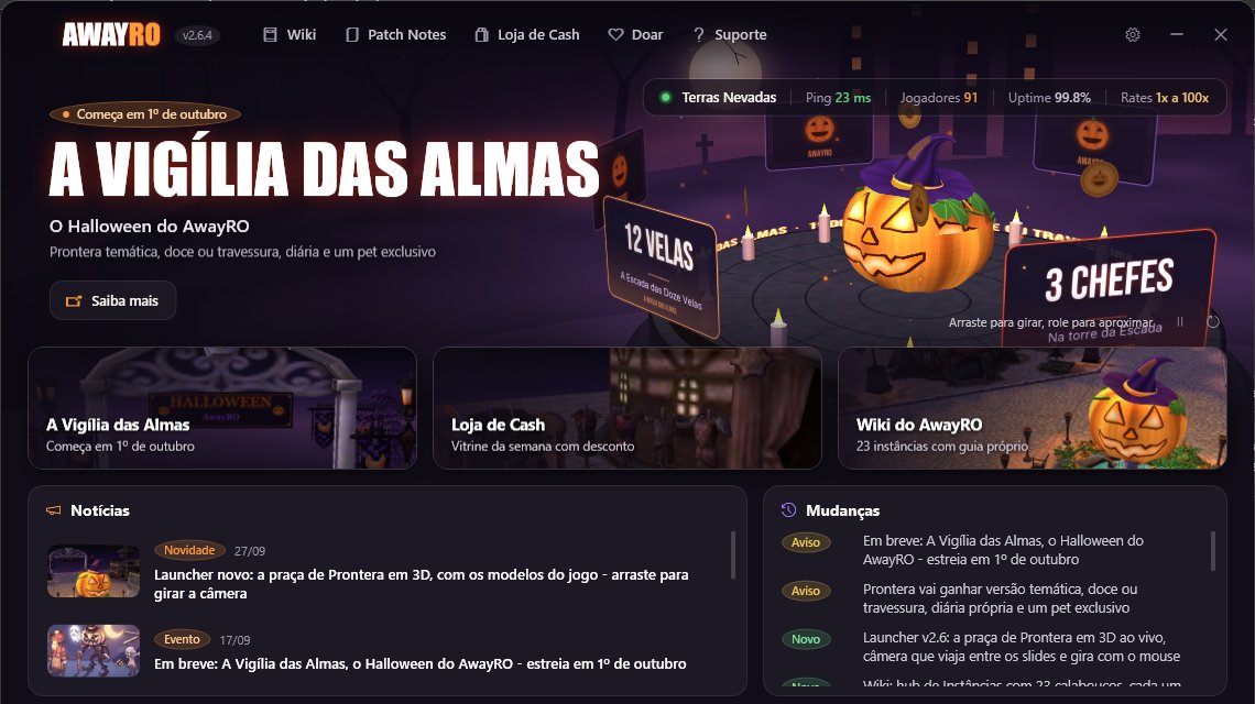 Launcher do AwayRO com as notícias, os destaques e o botão Jogar
